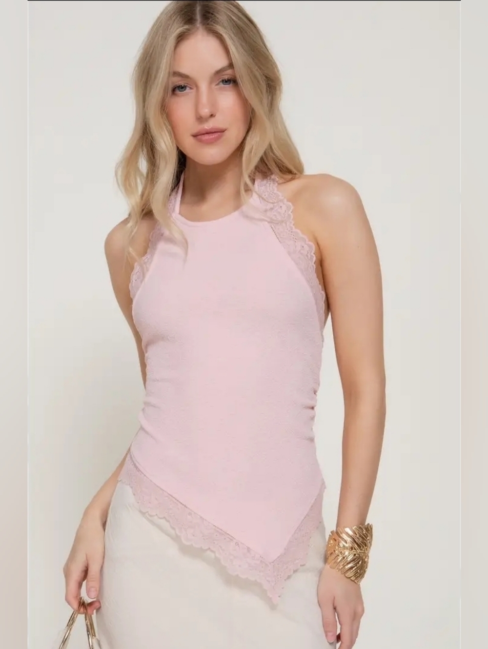Lace-Trim Texture Knit Halter Tank Top - Light Pink